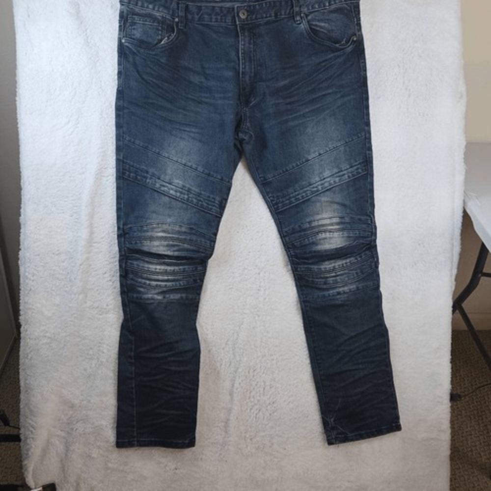 Smoke‎ Rise Men's Slim Tapered Fit Denim Moto Jeans Dark Wash Blue Size 44x32
